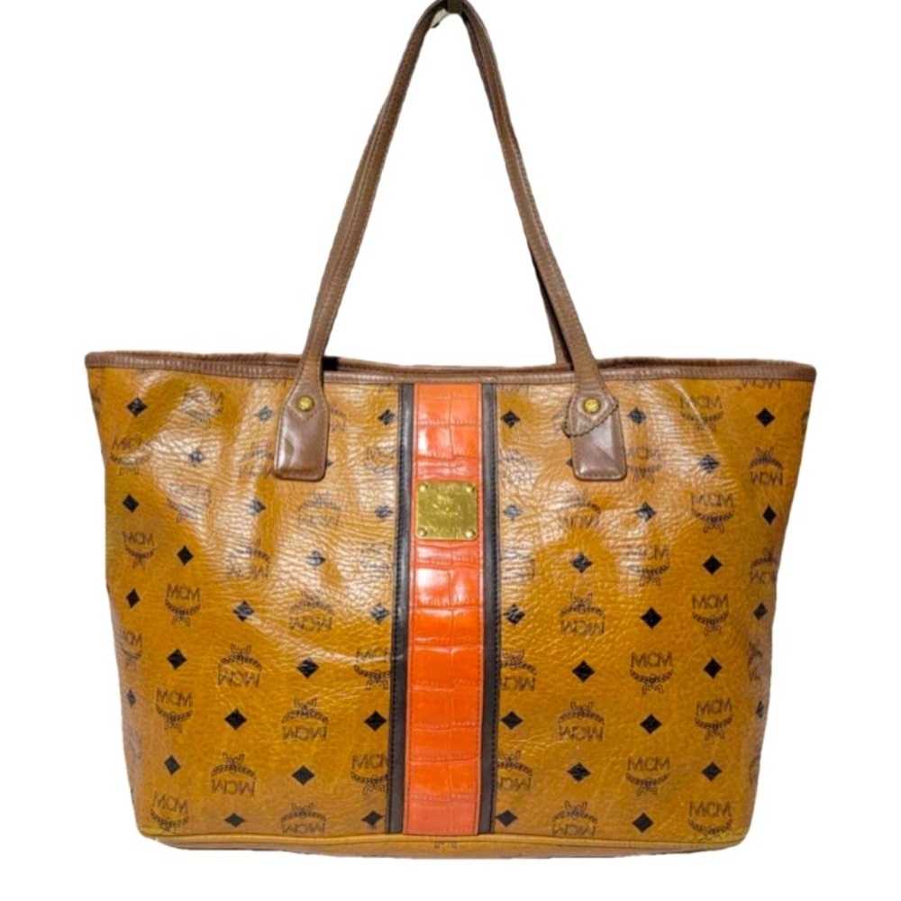 MCM VISETOS SHOPPER COGNAC STRIPE SHOULDER BAG/TOTE EUC